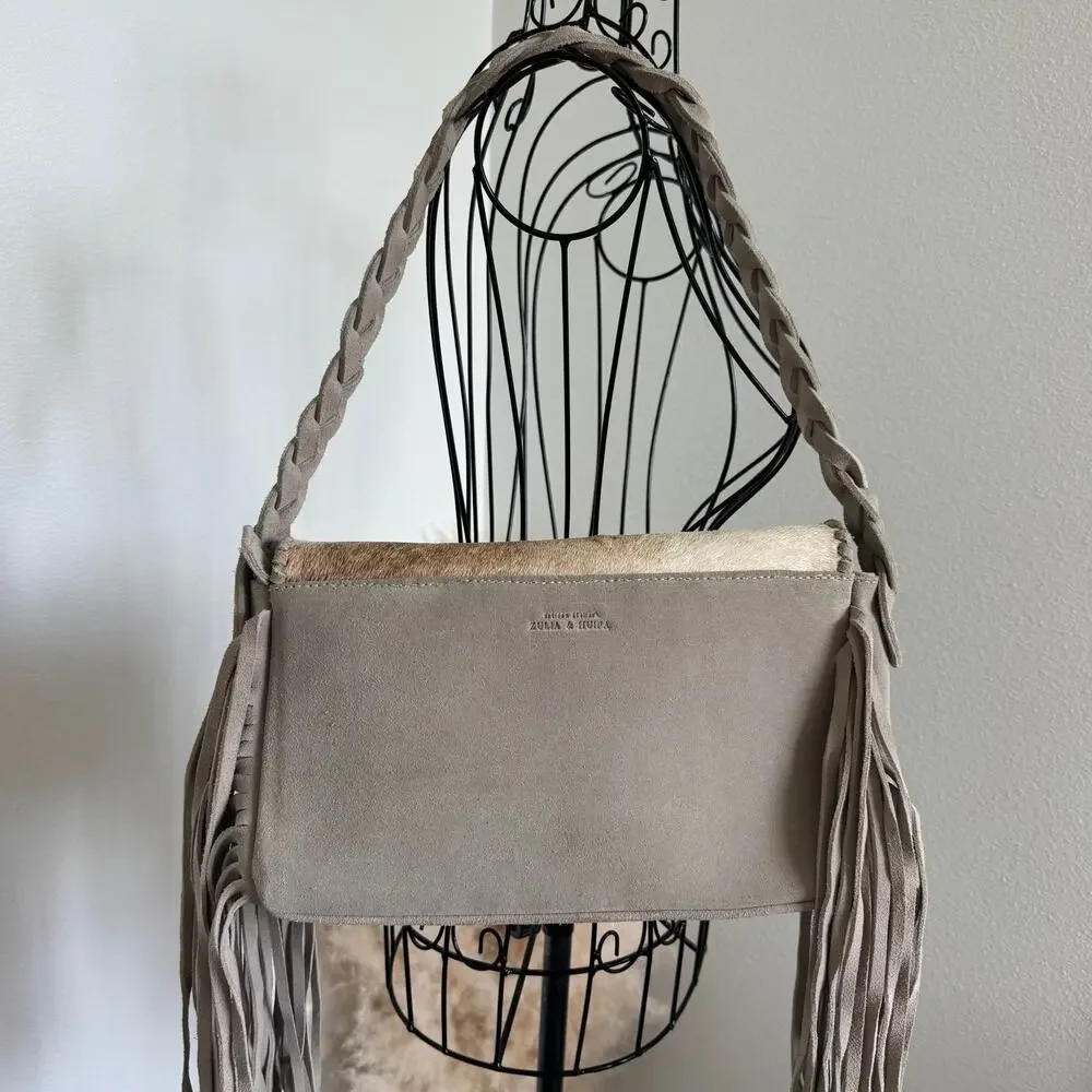 Zulia & Huipa Zina Fringe Shoulder Bag Suede & Cowhide Bone White Western
